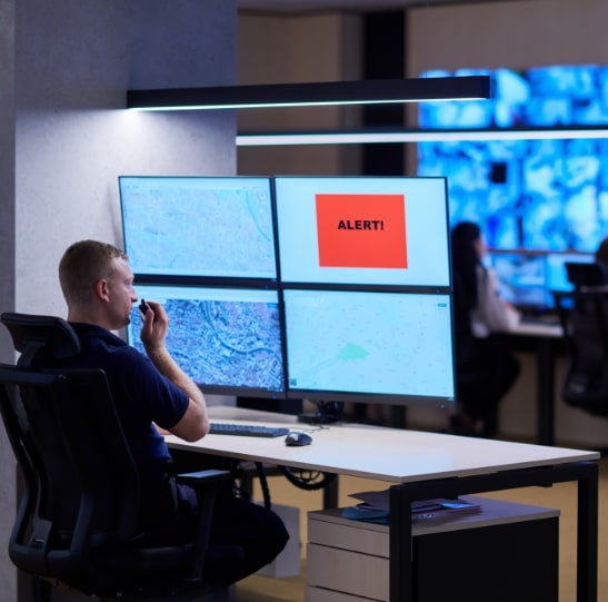 A person is sitting at a workstation with multiple large monitors displaying maps. One of the monitors shows a red alert message. In the background, more people are working at similar stations with screens and surveillance footage.