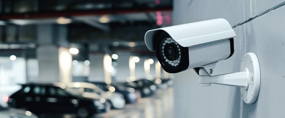 A security camera mounted on a wall is focused on a parking garage, with several parked cars visible in the background. The camera has a cylindrical design and appears to be equipped with infrared LEDs for night vision. The setting is brightly lit.