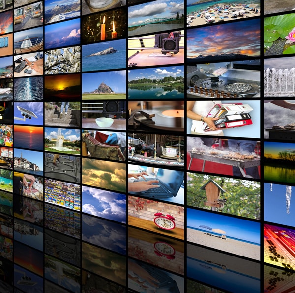 A collage of various images displayed in a grid, including landscapes, water scenes, food, travel, technology, and everyday objects. The images are colorful and diverse, depicting different activities, locations, and items.