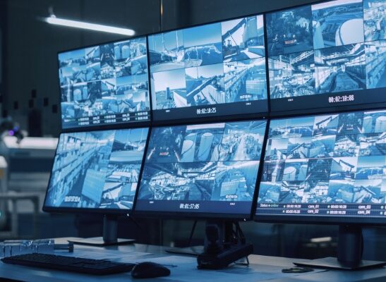 A security monitoring station with multiple computer monitors displaying various surveillance camera feeds. The workspace includes a keyboard, mouse, and other technical equipment, set up in a dimly-lit, high-tech room.